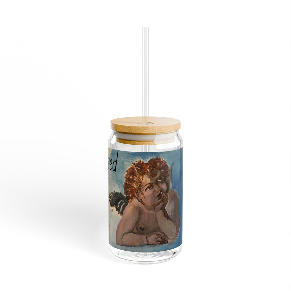 Amazed Cherub Sipper Glass, 16oz - Vintage Angel Art Drink Jar with Straw