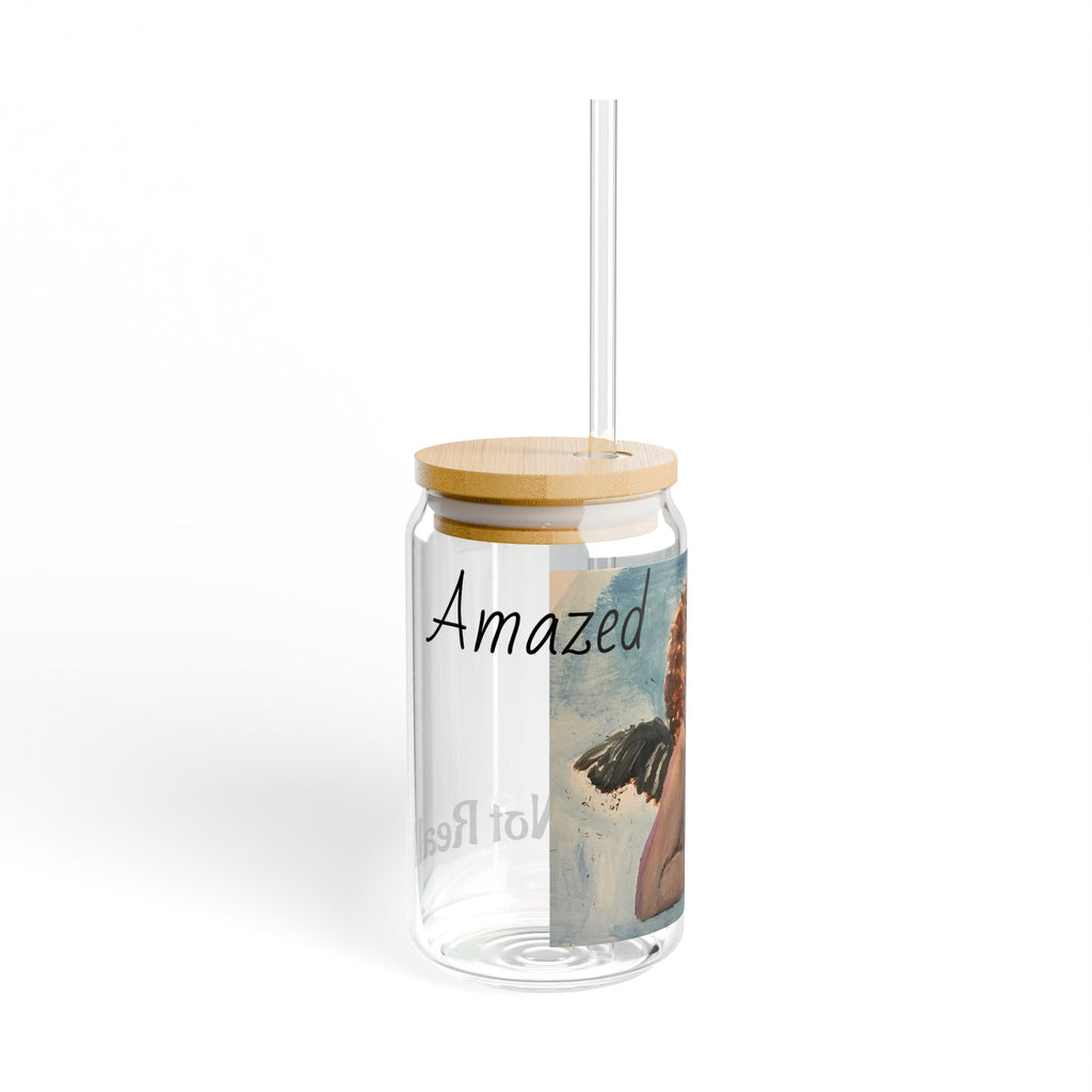 Amazed Cherub Sipper Glass, 16oz - Vintage Angel Art Drink Jar with Straw